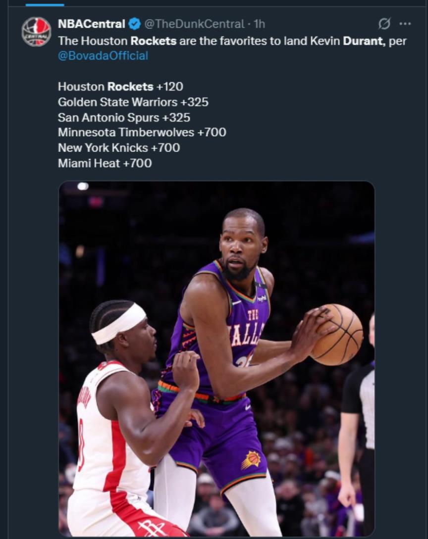 難道說？美媒曬杜蘭特下家賠率，火箭大幅度領(lǐng)跑！