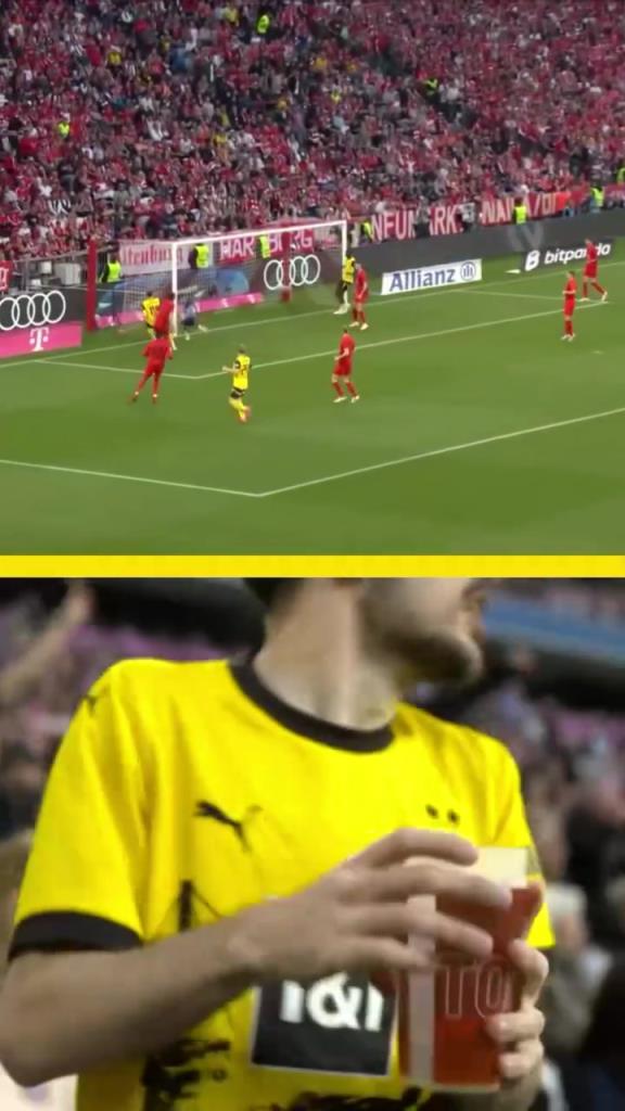 勇者無懼！這是真多特球迷！在拜仁球迷區(qū)一個人肆意慶祝！